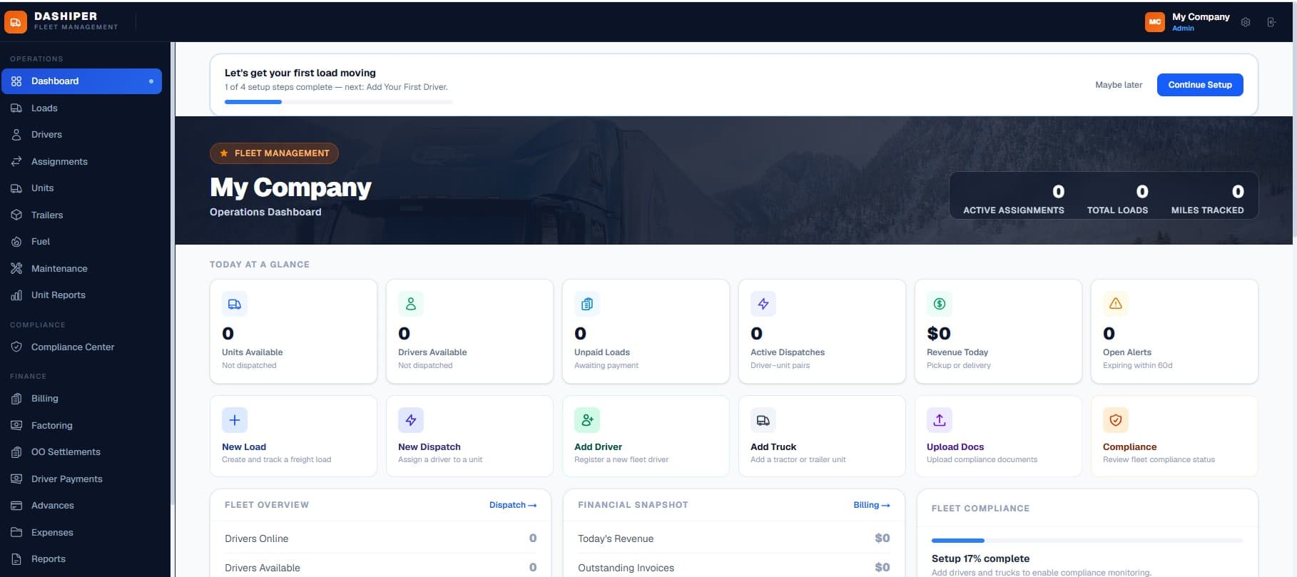 Dashiper operations dashboard showing fleet KPIs, financial snapshot, and compliance status